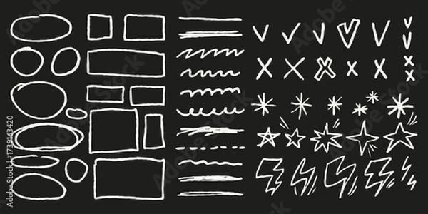 Fototapeta Blackboard sketchy pencil elements .Crayon pen draw doodles, underlines, sketching stars, check marks, checklist icons, crosses, arrows, frames, lightning. Children’s drawing for kids notes.