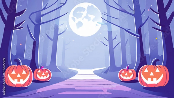 Fototapeta A dark forest path illuminated by glowing carved pumpkins, mist swirling on the ground, full moon casting eerie silver light, dramatic low-angle shot, moody cinematic tones with deep blues and fiery o