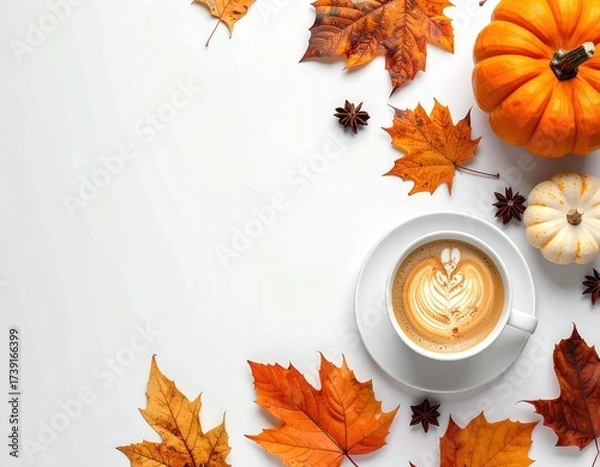 Obraz Autumn flat lay with coffee and leaves