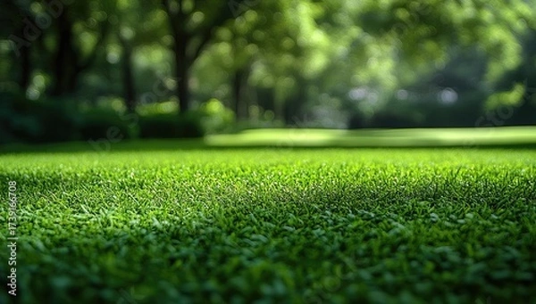 Obraz Lush green lawn under blurry trees