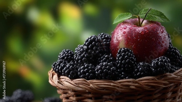 Fototapeta A basket of blackberries with an apple on top, in a fresh and natural style, against a green background, close-up, macro photography, product photography, commercial advertising shoot.