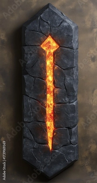 Fototapeta Stone rune with glowing orange core, cracked texture