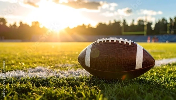 Fototapeta Close-up of an American football on a lush green field with white yard lines, bathed in golden sunlight. The goalpost is partially visible in the background