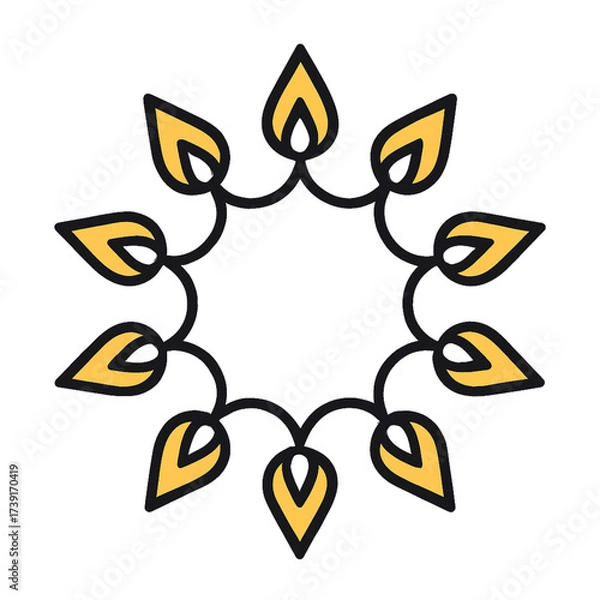 Fototapeta Circular design of eight bright yellow flame shapes with bold black outlines, symmetrically arranged and linked by curved lines. Festive vector on white background, symbolizing light and Diwali spirit