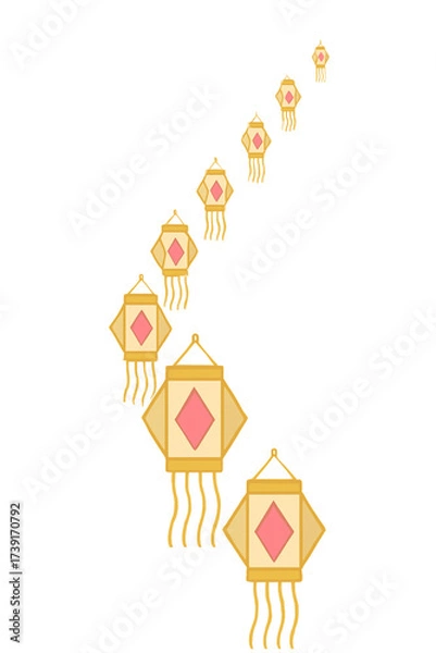 Fototapeta Seven diamond-shaped lanterns in orange and pink with red tassels, arranged in a curved, descending line for depth and perspective. Festive vector on white background symbolizing Diwali celebration.