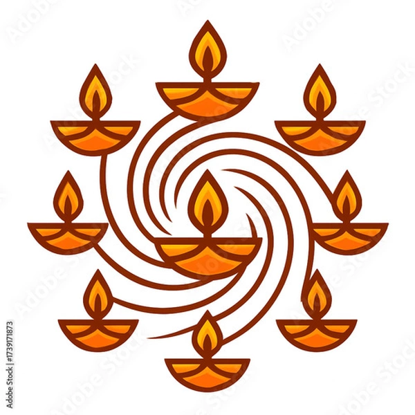 Fototapeta Spiral vortex of ten glowing oil lamps with orange flames, connected by swirling brown lines. Circular festive vector on white background, symbolizing light, spirituality, and Diwali celebration.