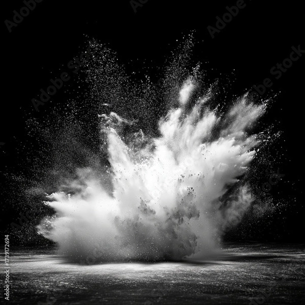 Fototapeta Abstract design of white powder dust particles cloud explosion burst with thick smoke cloud splash with smoke on black background