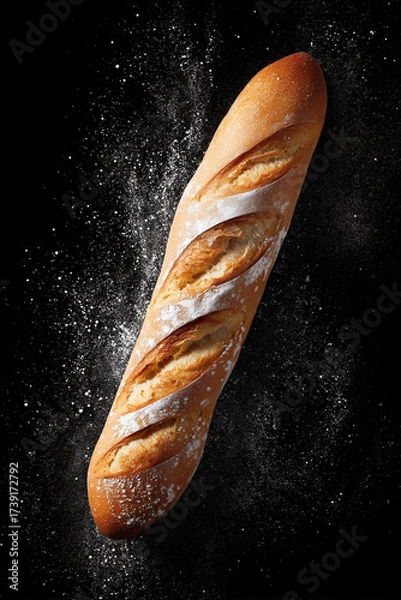 Fototapeta Professional food photography, rustic baguette on a black background from the top and white flour dusting powder around the bread