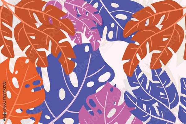 Fototapeta Abstract Tropical Plant Background Vector – Colorful Boho Leaves and Floral Pattern for Summer Design.