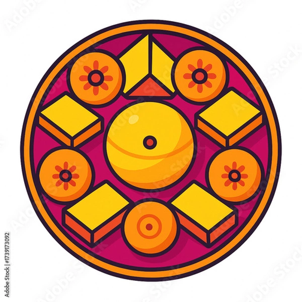 Fototapeta Intricate mandala-style vector with rich purple background, bold orange border, and central yellow sphere. Surrounded by cubes, floral circles, and geometric patterns, symbolizing festive Diwali spiri