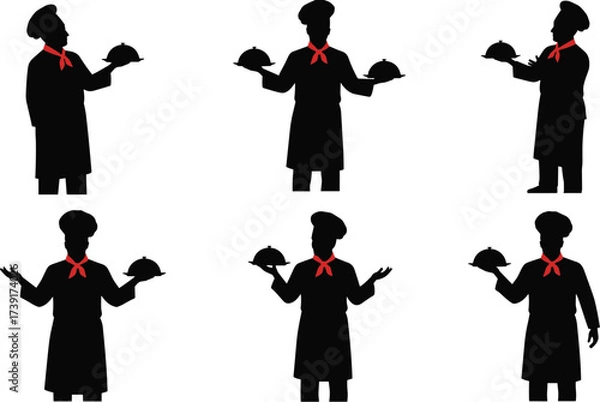 Fototapeta Black Silhouette Set of Chef Holding Serving Platter with Cloche, Professional Cook Presenting Food, Isolated Vector Graphics for Culinary Arts and Restaurant

.