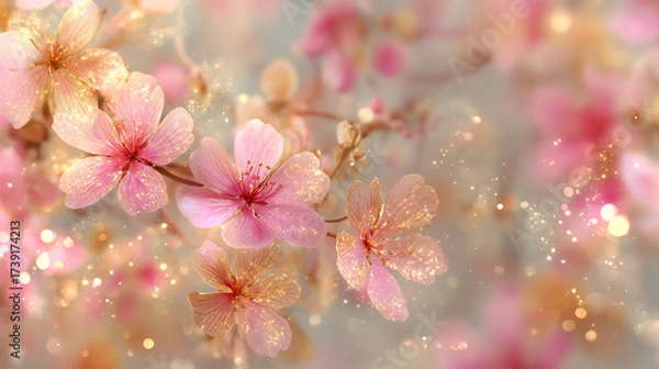 Obraz Soft dreamy background with pink and gold glitter flowers, sparkling bokeh light spots, ethereal and delicate composition