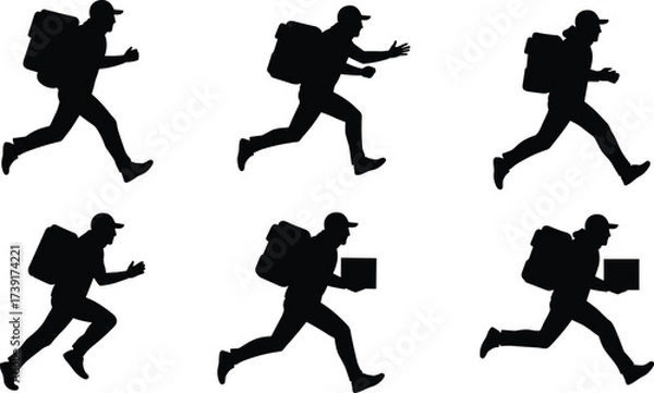 Fototapeta Black Silhouette Set of Delivery Man Running Fast with Backpack and Package, Courier Service, Express Shipping, Isolated Vector Graphics for E-commerce

.