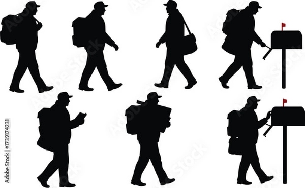Fototapeta Black Silhouette Set of Postman or Mail Carrier Delivering Letters and Packages, Walking with Bag, Putting Mail in Mailbox, Isolated Vector Graphics

.
