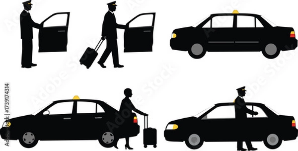 Fototapeta Black Silhouette Set of Chauffeur, Driver and Passenger with Luggage, Taxi Cab Service, Opening Car Door, Isolated Vector Graphics for Transportation

.