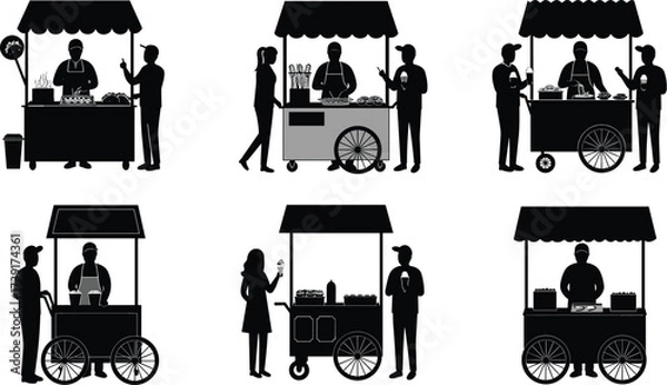 Fototapeta Black Silhouette Set of Street Vendor Pushing Ice Cream Cart, Seller with Treats, Food Stall Operator, Isolated Vector Graphics for Refreshments

.