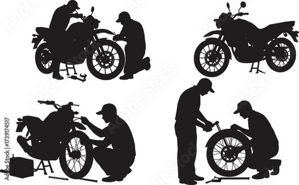 Fototapeta Black Silhouette Set of Mechanic Repairing and Servicing Motorcycle, Working on Bike Tire and Engine, Isolated Vector Graphics for Automotive Industry

.