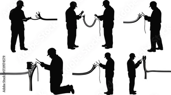 Fototapeta Black Silhouette Set of Electrician Wiring and Repairing Cables, Installation and Maintenance Work, Isolated Vector Graphics for Trade and Industry

.