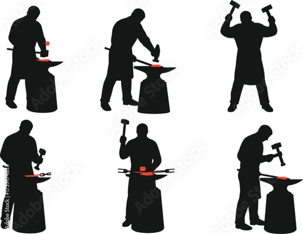 Fototapeta Black Silhouette Set of Blacksmith Forging Hot Metal on Anvil with Hammer, Working Hard, Traditional Craftsmanship, Isolated Vector Graphics

.