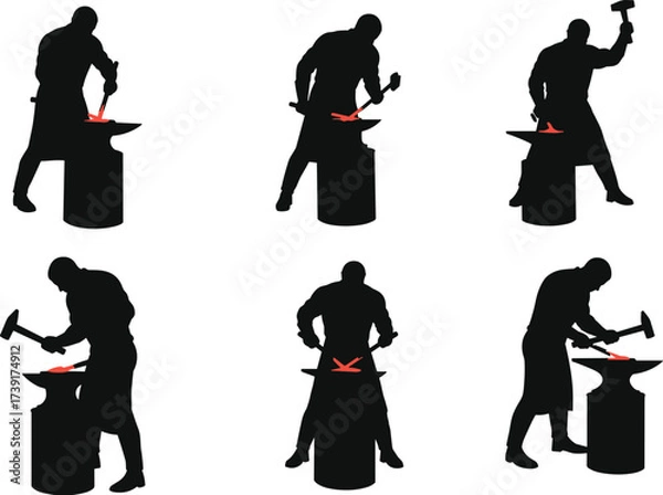 Fototapeta Black Silhouette Set of Blacksmith Forging Hot Metal on Anvil with Hammer, Working Hard, Traditional Craftsmanship, Isolated Vector Graphics

.