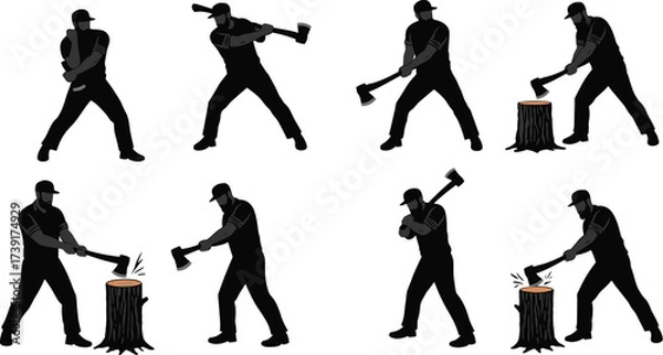 Fototapeta Black Silhouette Set of Lumberjack Chopping Tree with Ax, Woodsman Working Hard, Felling Timber, Isolated Vector Graphics for Forestry and Labor

.