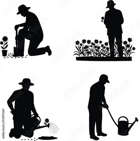Fototapeta Black Silhouette of Gardener Working, Tending and Watering Flowers in Garden, Planting Seedlings, Enjoying Nature and Horticultural Hobby, Isolated Vector Graphics

.
