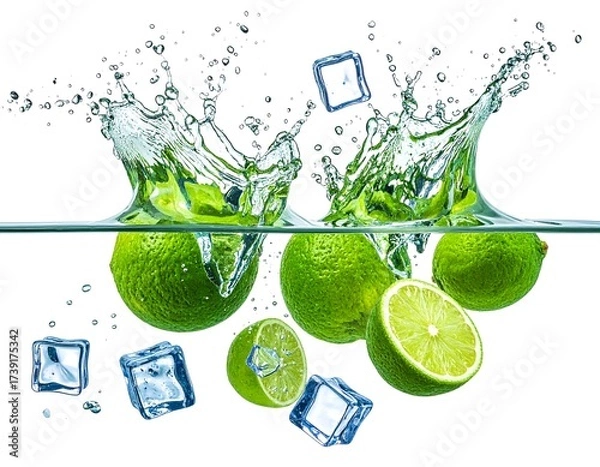Fototapeta Refreshing limes and ice cubes create a splash in clear water