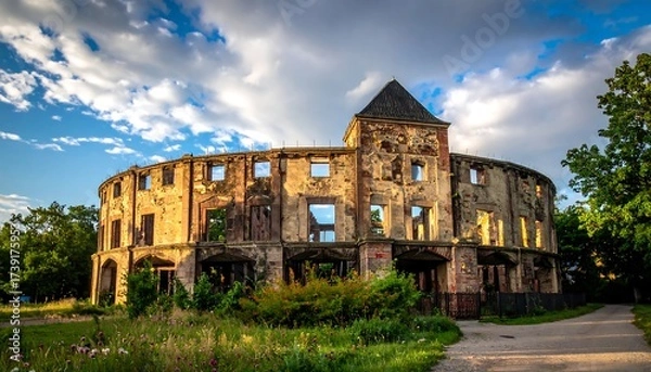 Fototapeta A circular, ruined stone building sits beneath a cloudy sky. It is surrounded by trees and foliage, with a pathway