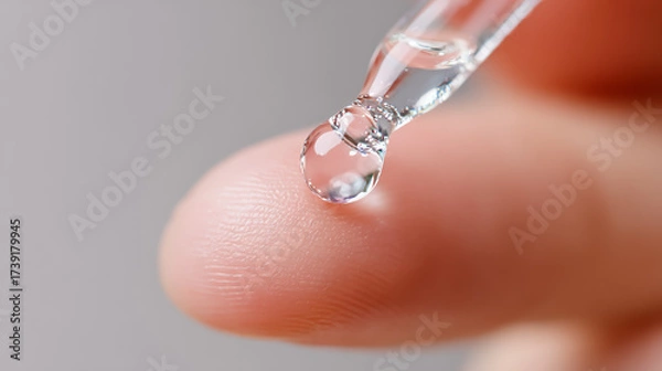 Obraz Ultra-detailed macro close-up of a transparent skincare serum droplet resting on a human fingertip, perfect lighting, soft focus background