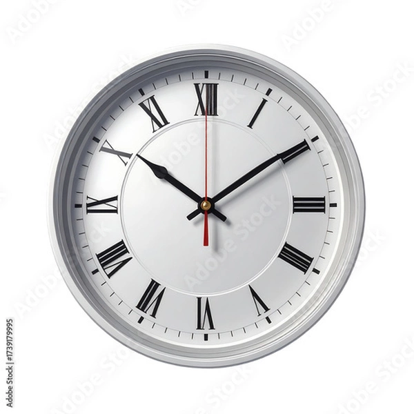 Obraz Detailed view showcases a white analog wall clock with Roman numerals on its face, the clock features black hands, a red second hand, and a silver frame against a solid black background, highlighting.