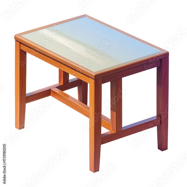 Fototapeta Wooden table with a reflective surface, featuring a rectangular design with angled legs and cross-bracing, shown against a dark background; the image conveys a minimalist aesthetic with warm,...