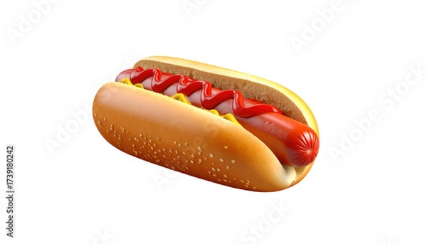 Obraz Deliciously crafted hot dog presented on a dark background. The succulent sausage is perfectly nestled within a soft bun and topped with vibrant red sauce and bright yellow mustard.