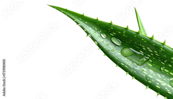 Fototapeta shot displays vibrant green aloe vera leaf with water droplets, showcasing details of the plant's texture, spikes, and natural patterns against a solid black background.