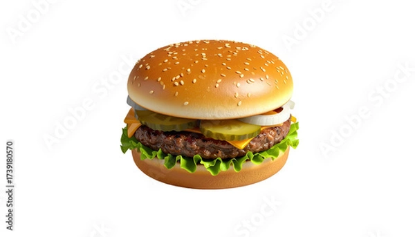 Obraz Delicious and inviting food image showcasing a classic burger. The sesame seed bun, juicy patty, crisp lettuce, melted cheese, and fresh pickles are all perfectly presented, creating a visual feast.