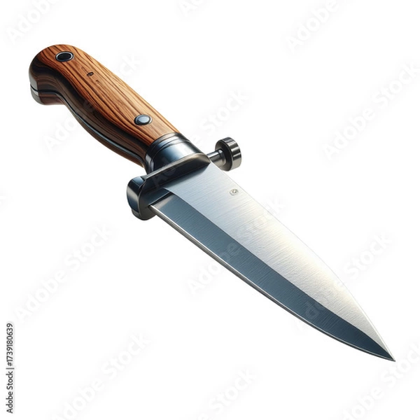 Fototapeta A meticulously crafted knife featuring a wooden handle, polished steel blade, and metal accents against a stark black background, highlighting sharpness and craftsmanship in a  setting.