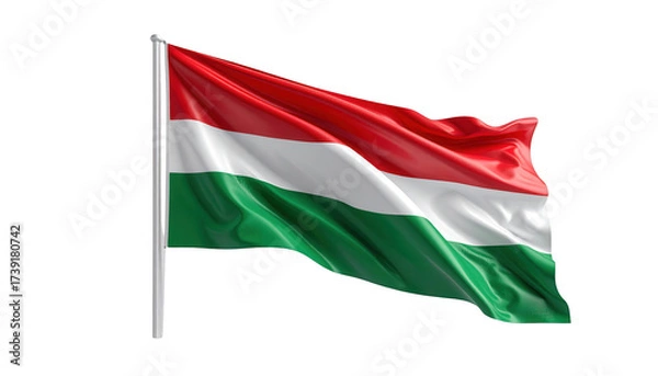 Obraz The fluttering fabric displays a vivid tricolor scheme of red, white, and green, gracefully waving in the breeze against a black background, presenting a dynamic visual effect.