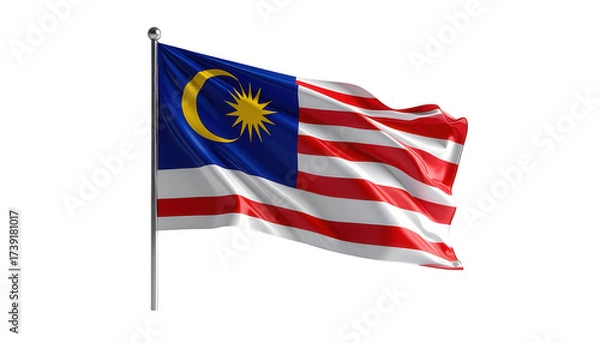 Fototapeta Malaysian national flag waving gracefully in the wind, featuring red and white stripes alongside a blue canton that includes a yellow crescent moon and star on a black background, conveying...