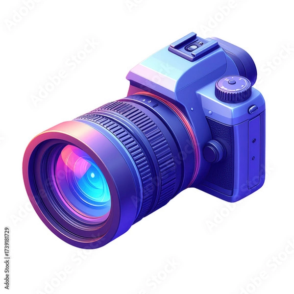 Fototapeta Captivating image of a professional digital camera, meticulously rendered with a vibrant, glossy finish, showcasing a dramatic play of light and color against a deep black background, resulting in a.