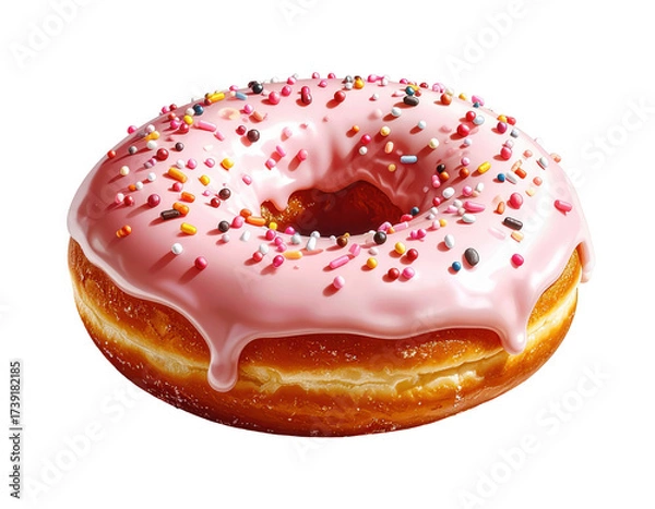 Fototapeta Delicious, freshly baked donut with sweet pink icing and colorful sprinkles, isolated against a stark black background, offering a visually appealing  that highlights the textures and vibrant colors.