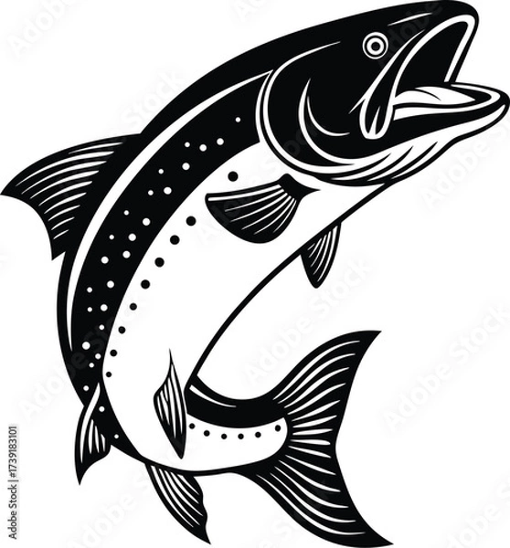 Obraz Stylized Salmon Jumping Illustration Black Fish Silhouette with White Accents Clean Minimalist Graphic Art for Logos and Prints