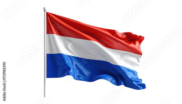 Fototapeta The Dutch flag, featuring red, white, and blue horizontal stripes, is shown waving gracefully in a flowing motion against a stark black background, symbolizing pride and national identity; the fabric.