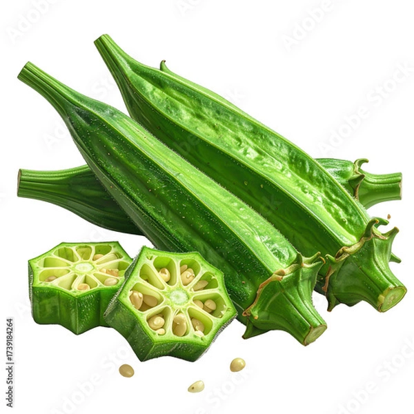 Obraz Freshly harvested okra, a green, nutritious vegetable, is displayed against a black background; some pods are sliced open revealing the internal structure and seeds, highlighting the natural textures.