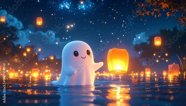 Obraz Ghost Holding Floating Lantern at Loy Krathong
