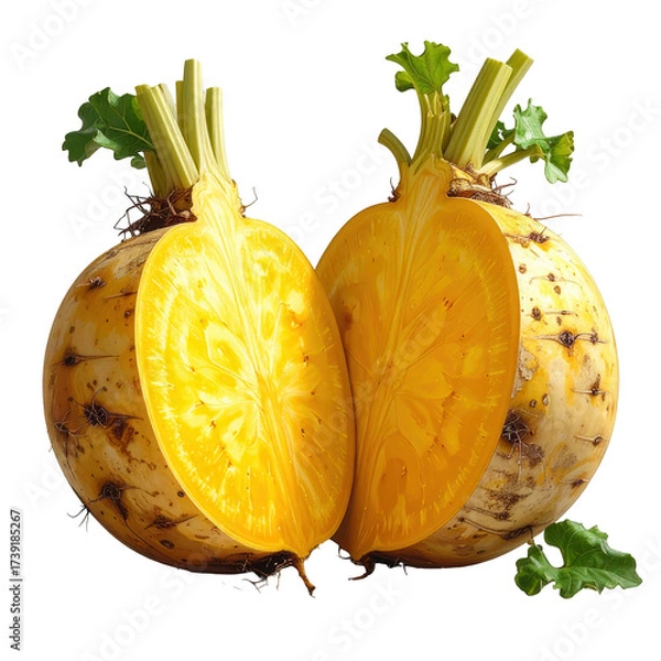 Obraz Two golden beets, one sliced to reveal vibrant interior with radial patterns, are isolated against a stark black backdrop, exhibiting natural textures and leafy green stems for a ,  shot with dynamic.