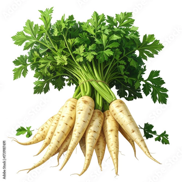 Obraz Freshly harvested parsnips, showcasing white, creamy roots with attached vibrant green leaves, are bundled and presented against a black background, highlighting their natural beauty and showcasing...