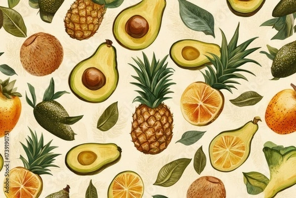 Obraz Vintage Fruit Labels Pattern with Pineapple Avocado Papaya Illustration