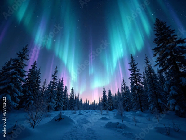 Obraz Aurora Over Snow Forest