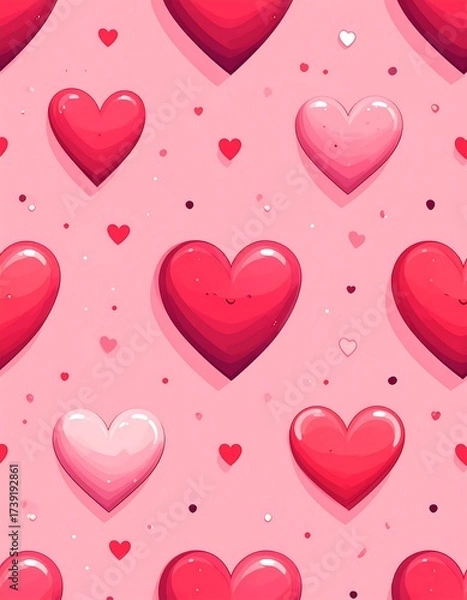 Fototapeta Repeating pattern of colorful, stylized hearts with dots on a pink background
