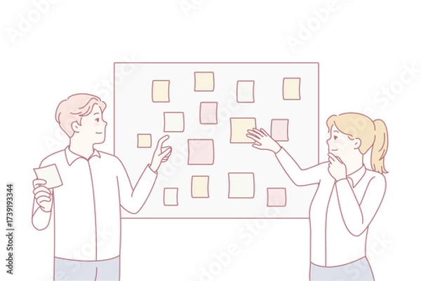 Fototapeta Employees brainstorm engaged in creative thinking in office. Businesspeople work with sticker planning tasks together at meeting. Teamwork concept. Vector illustration.