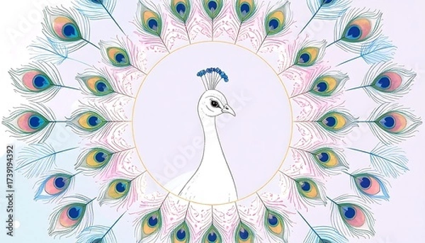 Fototapeta White peacock in a circle of feathers